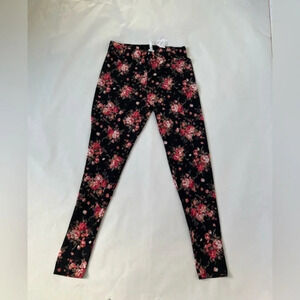 Forgotten Grace Leggings pants Size L  Rose floral print Black Pink High Waist
